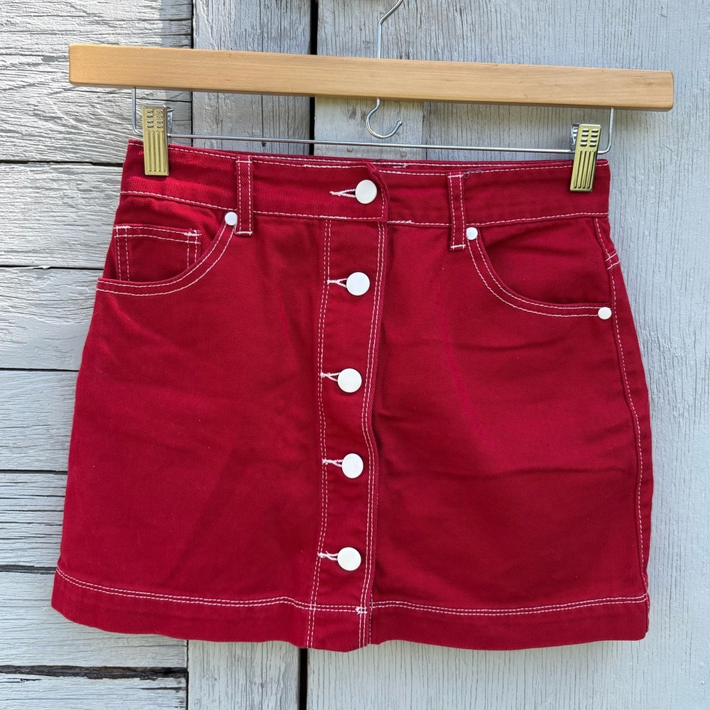 Red Denim Mini Skirt with White Stitching